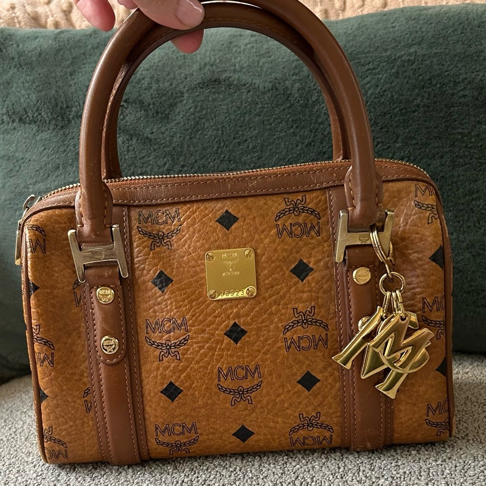 MCM Tan Leather Satchel with Gold Accents